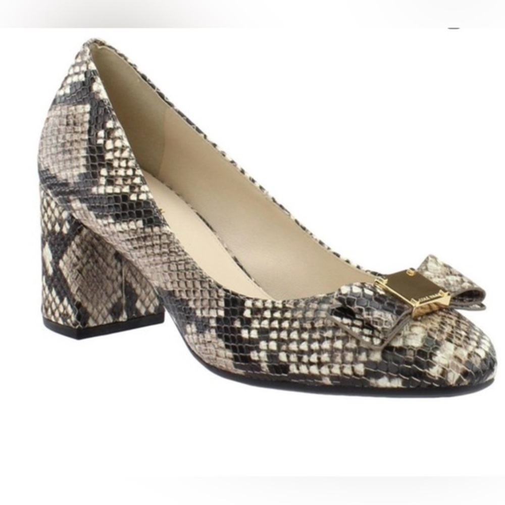 Cole Haan Snake Print Tali Block Heels - Gold Bow 5.5